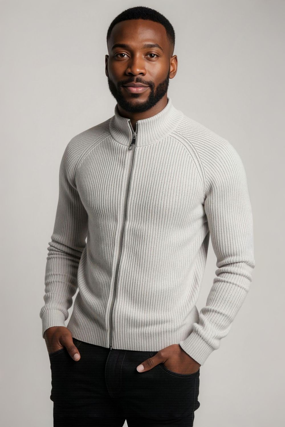 Gray Zip-Up Knit Jacket